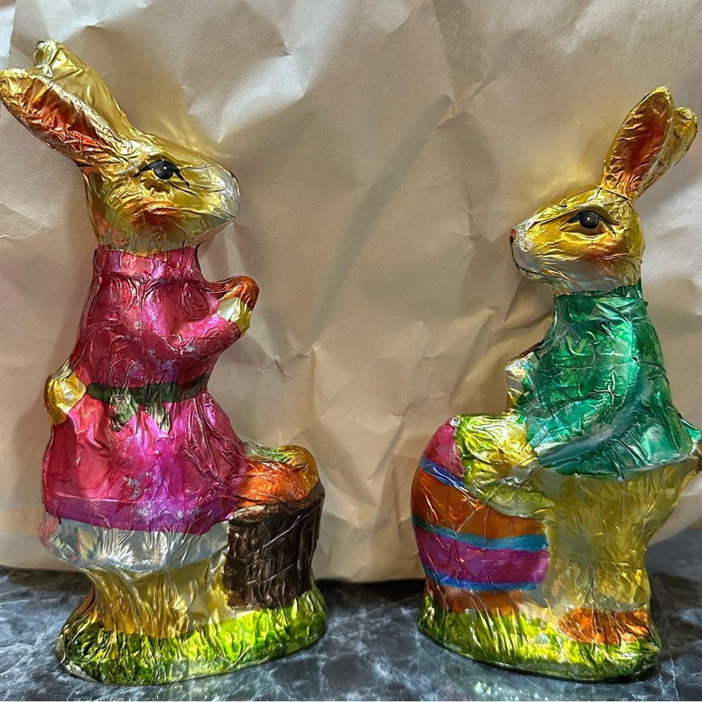 Easter Faux Chocolate Foil Bunny Rabbits Eggs Decor Figurines Set of 2